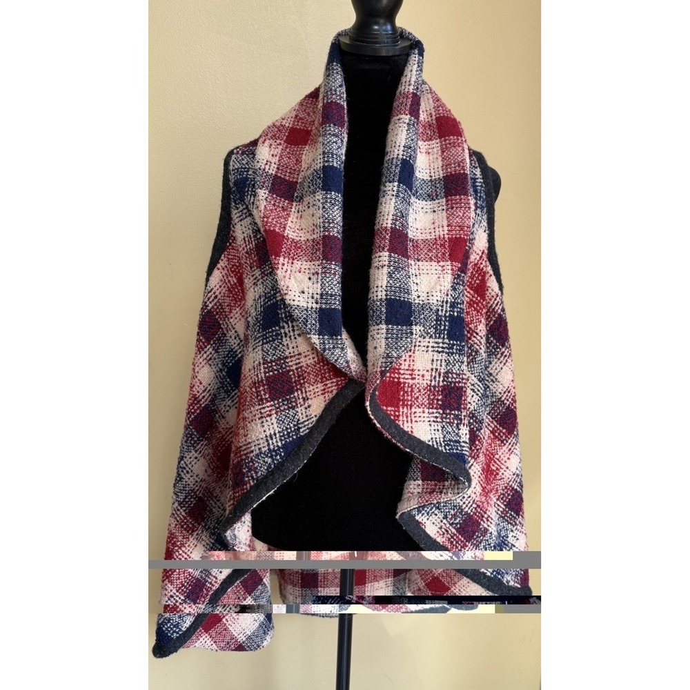 Hazel Anthro Shawl Collar Blanket Wrap Plaid Vest Boho Art To Wear Sz S